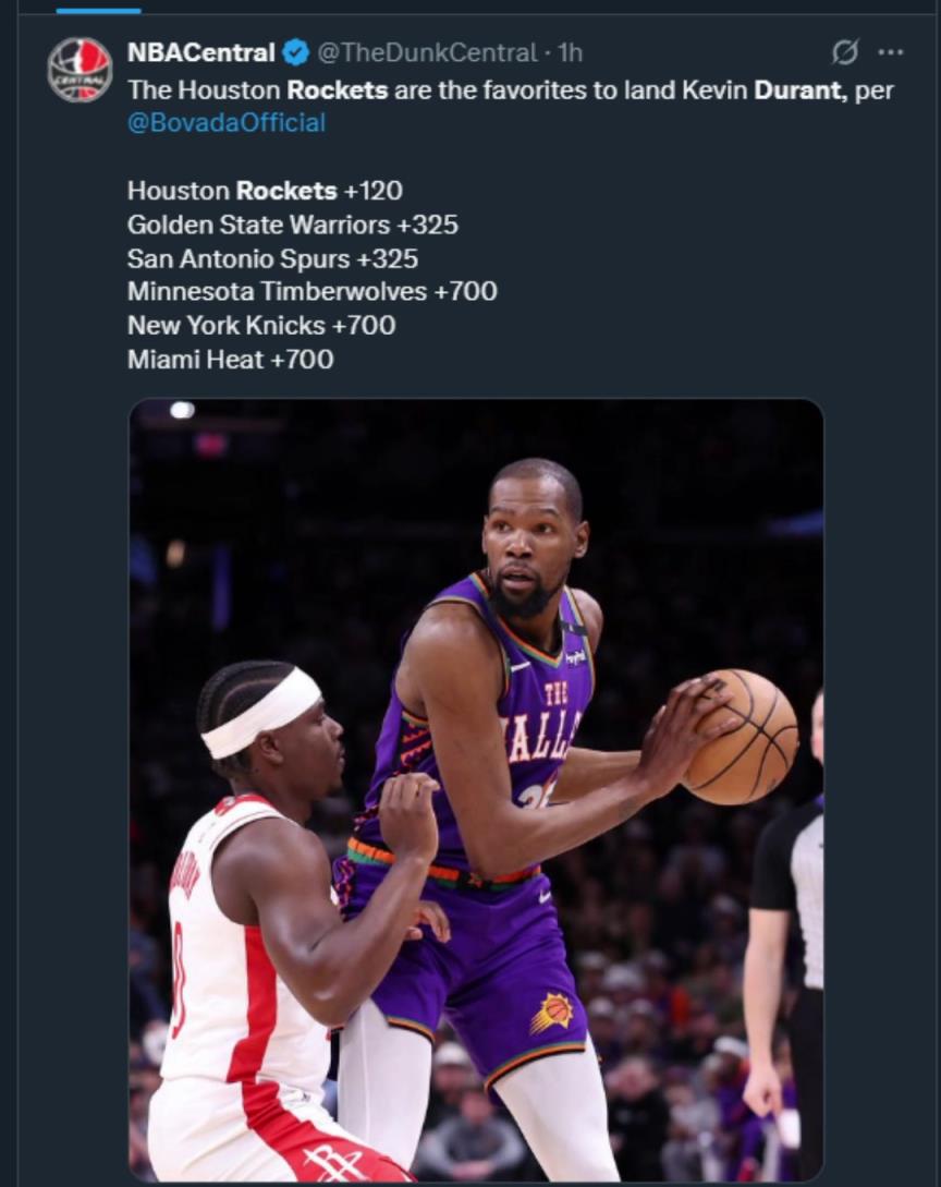 難道說？美媒曬杜蘭特下家賠率，火箭大幅度領跑！
